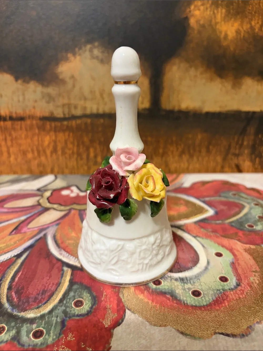 Porcelain Floral Bell - White with Pink, Burgundy & Yellow Roses